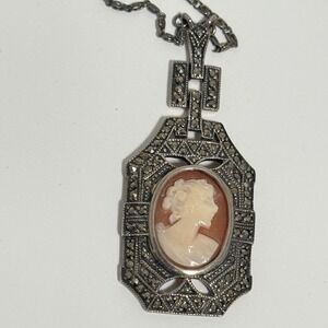 Vintage Sterling Silver Marcasite & Cameo Pendant & Chain
